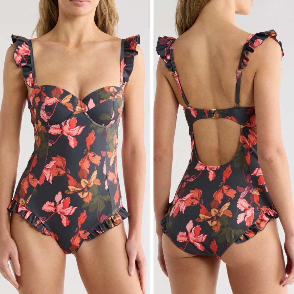 HUTCH Mckenzie One Piece Swimsuit in Navy Multicolor Sketched Iris Size Large